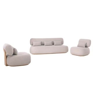 Salon de jardin Ruby – Ensemble canapé & fauteuils (teck & tissu Sirtori)