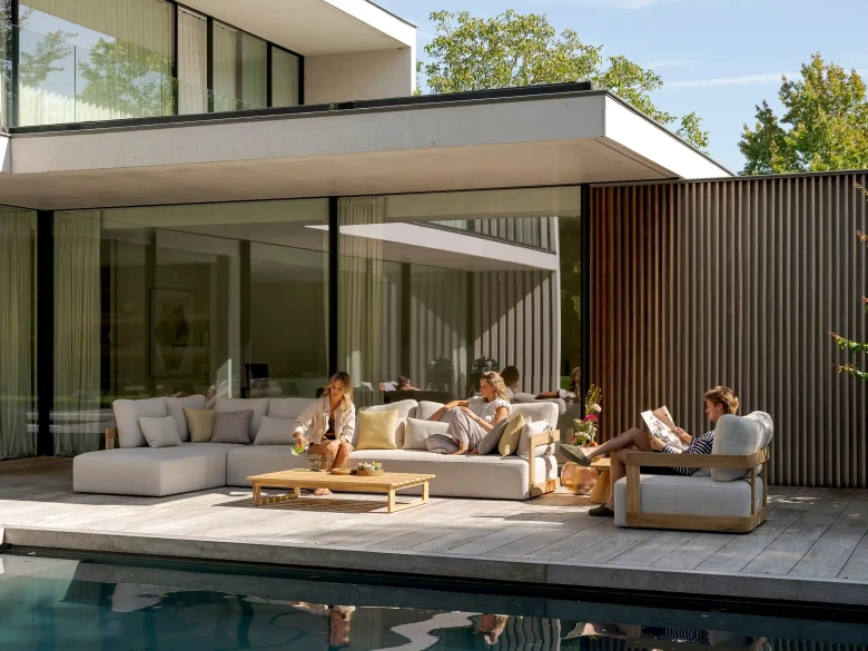 Fauteuil Rafa – teck massif & tissu Mario Siesta Écru