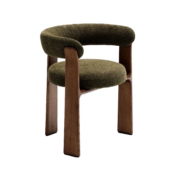 Chaise 3 pieds Granite - tissu chenille vert / bois de frêne finition foncée