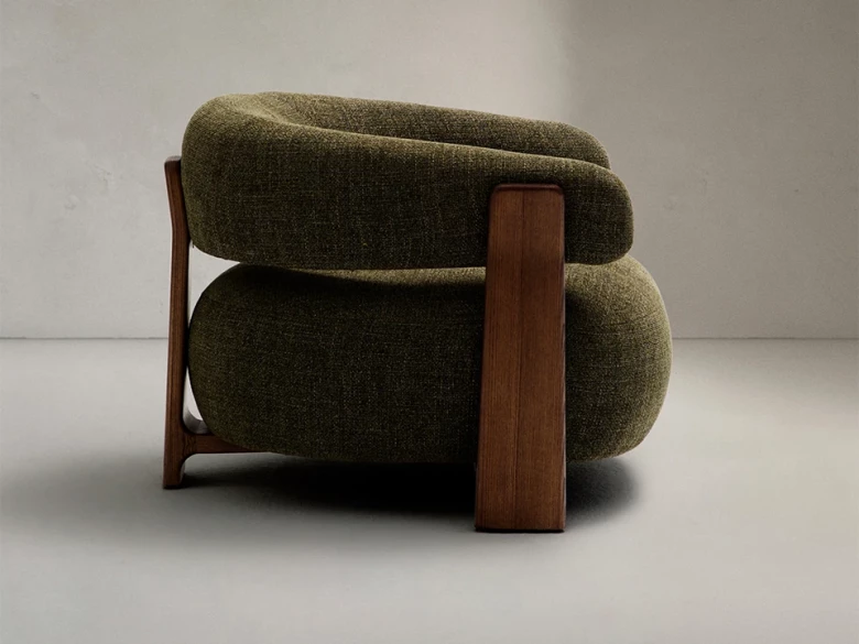 Fauteuil Granite - tissu chenille vert / bois de frêne finition foncée