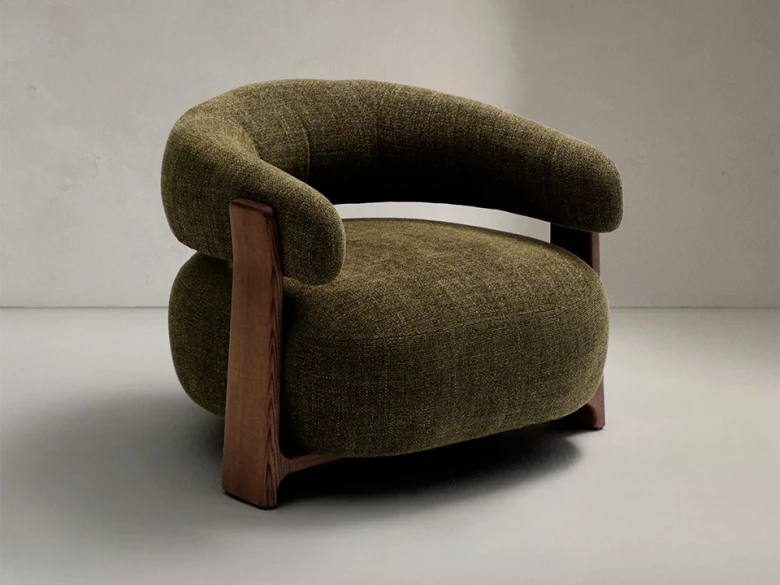 Fauteuil Granite - tissu chenille vert / bois de frêne finition foncée