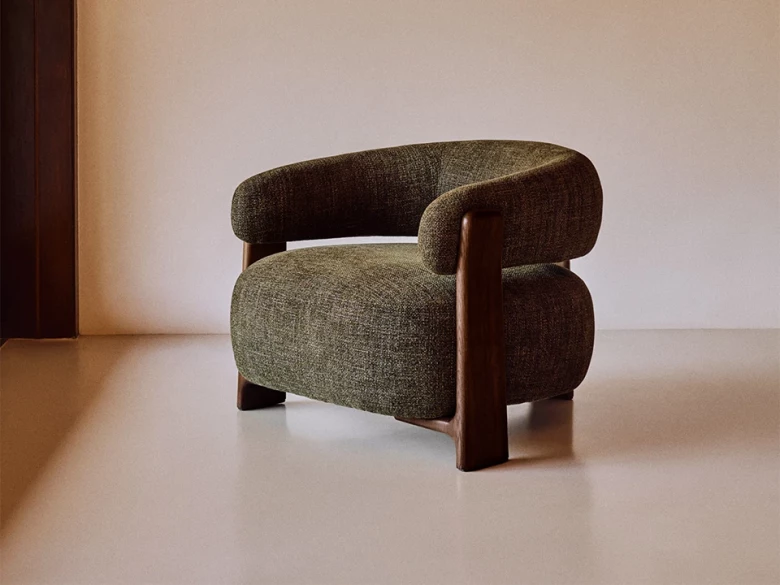 Fauteuil Granite - tissu chenille vert / bois de frêne finition foncée