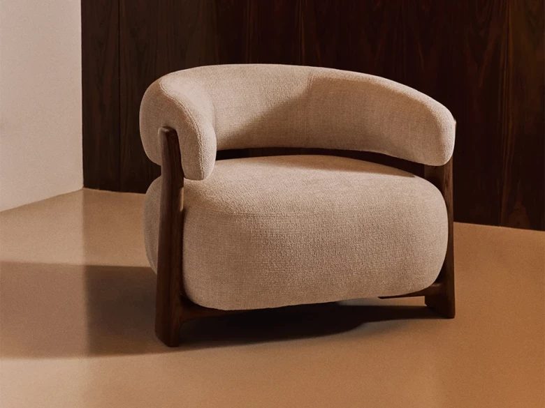 Fauteuil Granite - tissu chenille beige / bois de frêne finition foncée