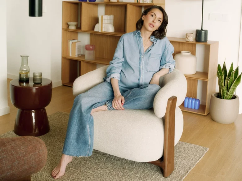 Fauteuil Granite - tissu chenille beige / bois de frêne finition foncée