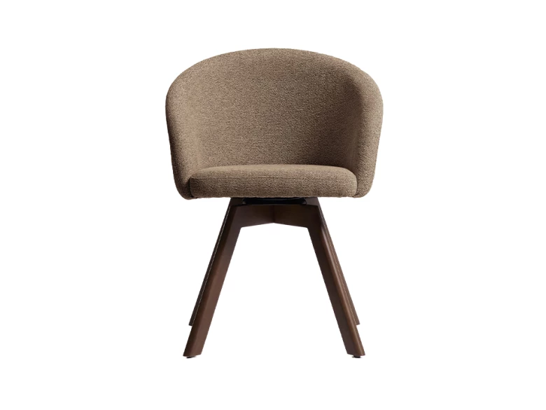 Chaise giratoire Marvin en chenille marron et pieds en chêne finition noyer