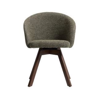 Chaise giratoire Marvin en chenille verte et pieds en chêne finition noyer