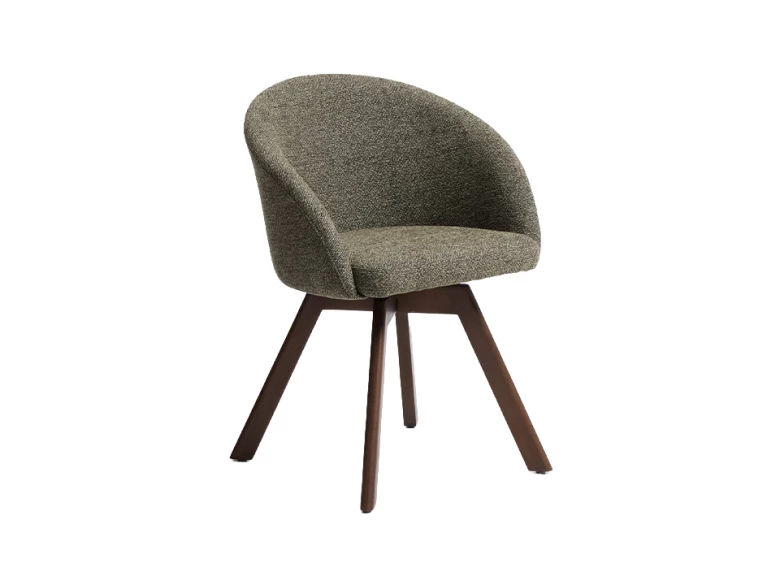 Chaise giratoire Marvin en chenille verte et pieds en chêne finition noyer