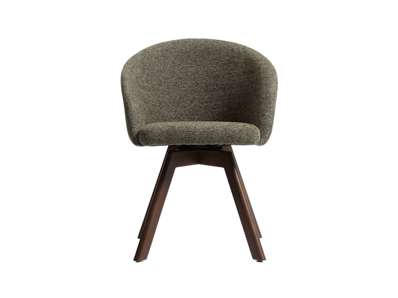 Chaise giratoire Marvin en chenille verte et pieds en chêne finition noyer