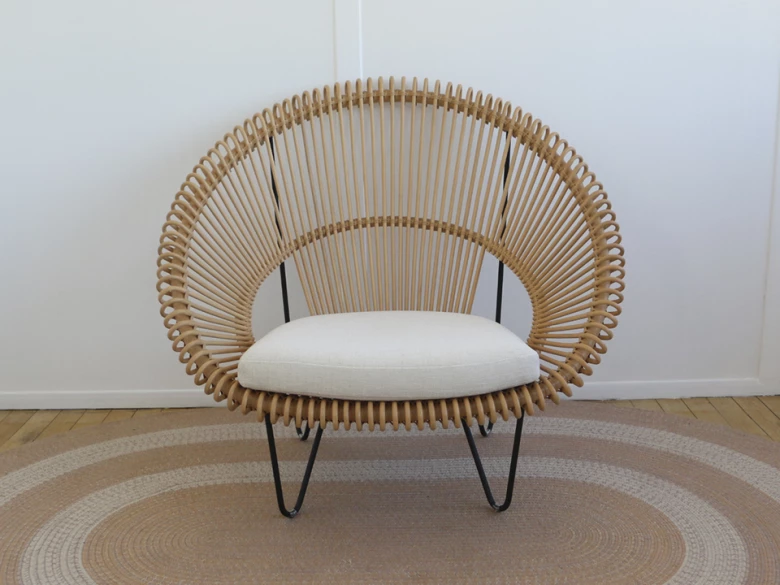 Vincent Sheppard - fauteuil lounge Cruz Cocoon - rotin naturel et coussin client - seconde vie