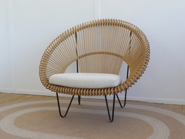 Vincent Sheppard - fauteuil lounge Cruz Cocoon - rotin naturel et coussin client - seconde vie