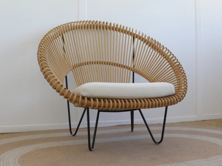 Vincent Sheppard - fauteuil lounge Cruz Cocoon - rotin naturel et coussin client - seconde vie