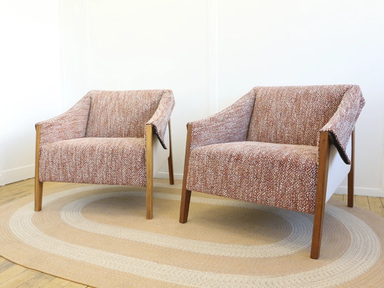 Porada - fauteuil Ara - tissu brique, cuir blanc cassé et noyer clair - seconde vie (Lot de 2)