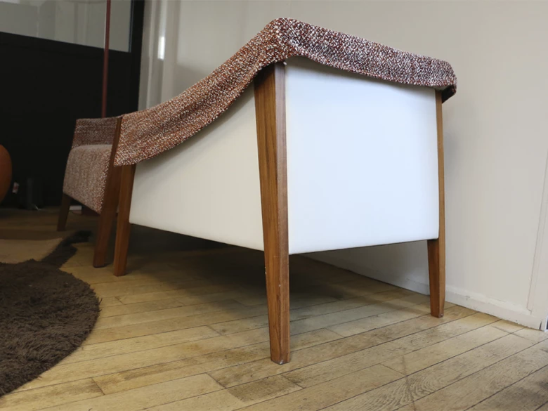 Porada - fauteuil Ara - tissu brique, cuir blanc cassé et noyer clair - seconde vie (Lot de 2)